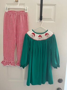 Classic Southern Smocks Christmas Santa Dress & Pants Set